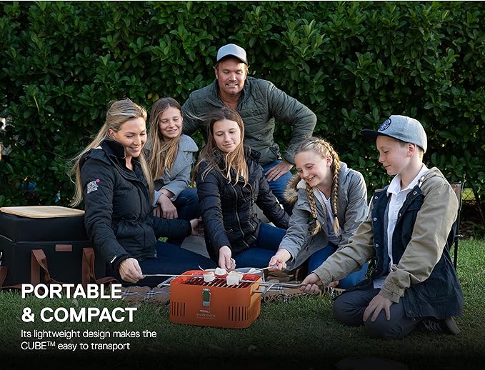Everdure Cube Portable Charcoal Grill, Tabletop BBQ, Perfect Tailgate, Beach, Patio, or Camping Grill, Lightweight & Compact Small Grill with Preparation Board & Food Storage Tray, Khaki