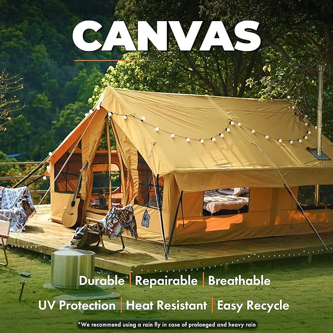 Inflatable Canvas Camping Tents with Stove Jack – Air Beam Blow Up Family Camping Tent for 2–6 People, Fast Setup Shelter with Hand Pump