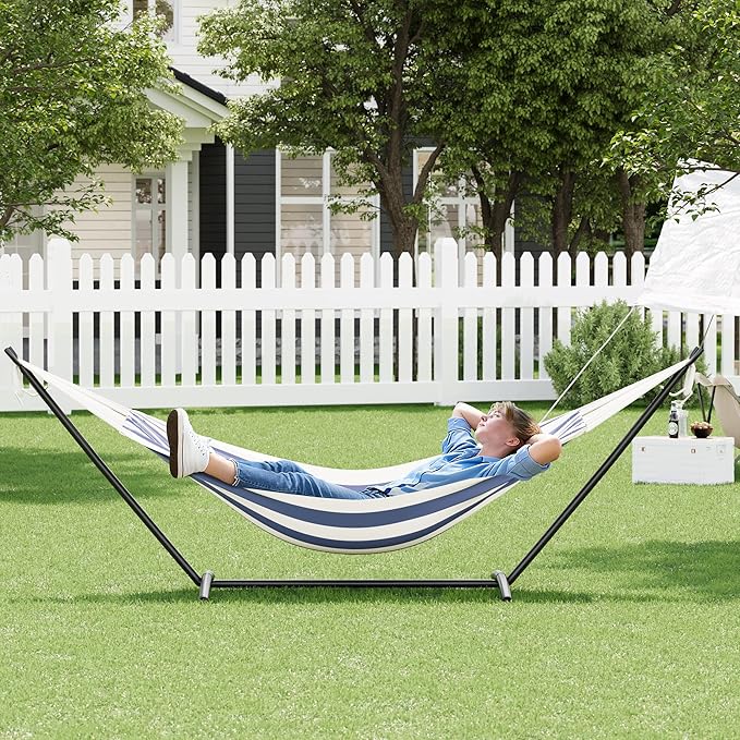 Double Hammock with Steel Stand - 2 Person Hammock Bed Indoor Outdoor, Brazilian-Style, with Carry Bag, 450lb Capacity, Portable & Easy Assembly, Blue&White
