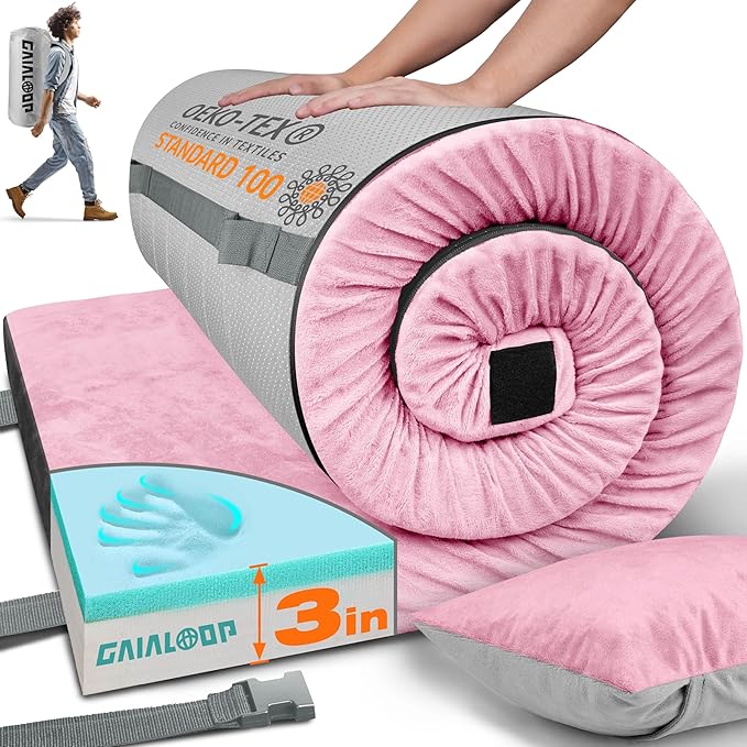 3 Inch Memory Foam Camping Mattress, Dual Layer Thick Sleeping Camp Pad for Car Tent Cot, Roll-Up Portable Glamping Floor Bed for Guests Sleepover