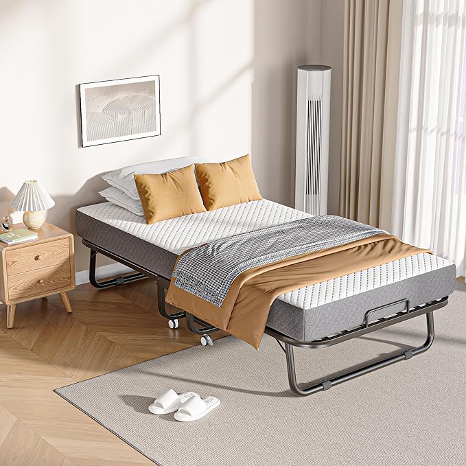 Folding Bed with Memory Foam Mattress, 75" x 38" Cot Size Portable Foldable Bed with Movable Wheels, Space-Saving Sturdy Metal Frame, Twin Rollaway Bed for Adults for Guest Room, Apartment, Camping
