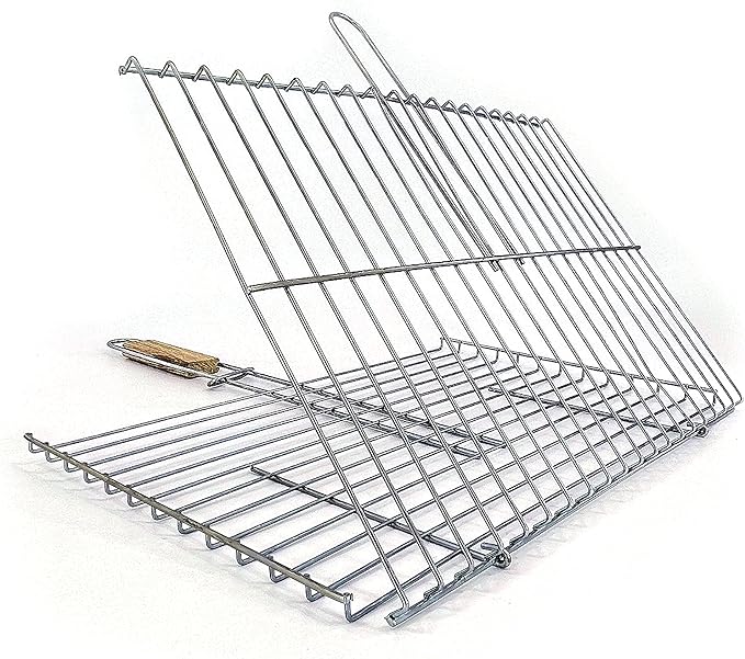 Hakan Grill Basket 11.8 x 15.8-inch for Outdoor Grill, Barbecue Basket for Fish, Steak, Chicken, Vegetables, Shish Kabob and Shrimp, Large Lockable Basket with Wooden Handle, Stainless Steel, BBQ