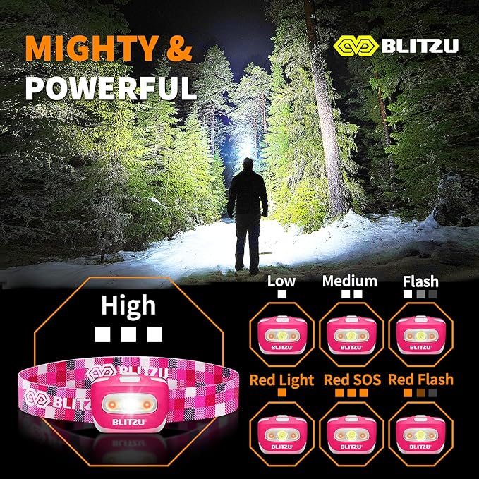 BLITZU, Hands-Free Headlamp, Long Range, Non-Slip Grip, High Power, Impact Resistant, Adjustable Light Modes, Battery Powered, Pink
