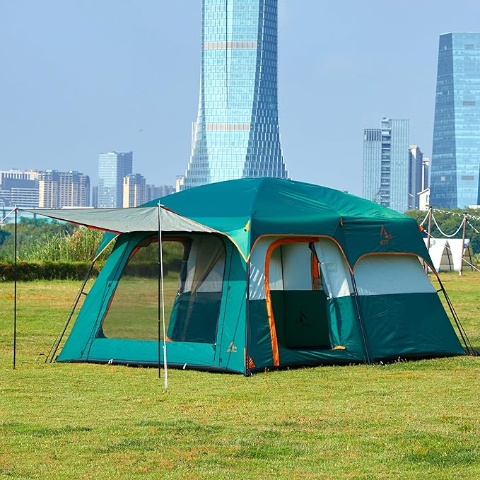 KTT Extra Large Tent 10-12-14 Person(Style-B),Family Cabin Tents,2 Rooms,3 Doors and 3 Windows with Mesh,Straight Wall,Waterproof,Double Layer,Big Tent for Outdoor,Picnic,Camping,Family Gathering
