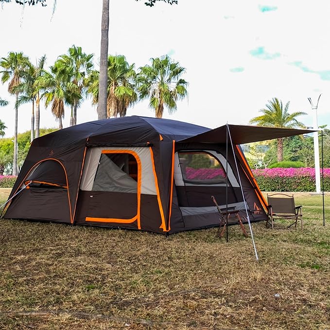KTT Extra Large Tent 10-12-14 Person(B),Family Cabin Tents,2 Rooms,3 Doors and 3 Windows with Mesh,Straight Wall,Waterproof,Double Layer,Big Tent for Outdoor,Picnic,Camping,Family Gathering