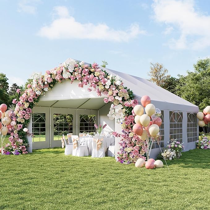 Aoxun 20x20 Party Tent Canopy for Weddings Waterproof Event Tent with Removable Sidewalls &Roll-up Door, Heavy-Duty Steel Frame for Outdoor Weddings, BBQ, Birthday Parties, & Camping,White