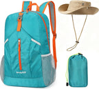 25L Foldable Backpack & Bucket Hat 2 IN1 Combo, Lightweight packable Travel Set, Compact Daypack Sun Fisherman Hat (Lake Blue)