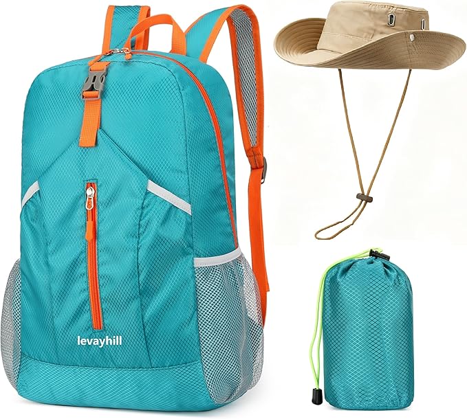 25L Foldable Backpack & Bucket Hat 2 IN1 Combo, Lightweight packable Travel Set, Compact Daypack Sun Fisherman Hat (Lake Blue)