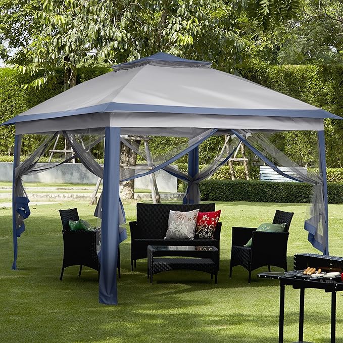 Saemoza 11x11 Pop Up Camping Shelters Tent, Outdoor Tent with Netting, Outdoor Shelters for Backyard, Screen House with Wheeled Cover Bag, Blue.
