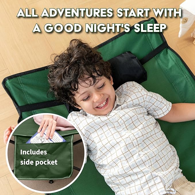 LITTLE EXPLORERS Kids cot, Child Camping and Travel Cot, Kids Cots for Sleeping, Foldable Bed for Kid, Includes Pillow and Bag | Age 3-12 | 60inch