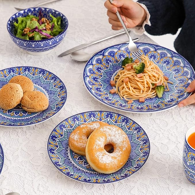 GaRcan Porcelain Dinnerware Set 16-Piece Bohemian Mandala Patterned Blue Porcelain Tableware Dinner Set with Dinner Plate,Dessert Plate,Bowl,Mug Dinnerware Set