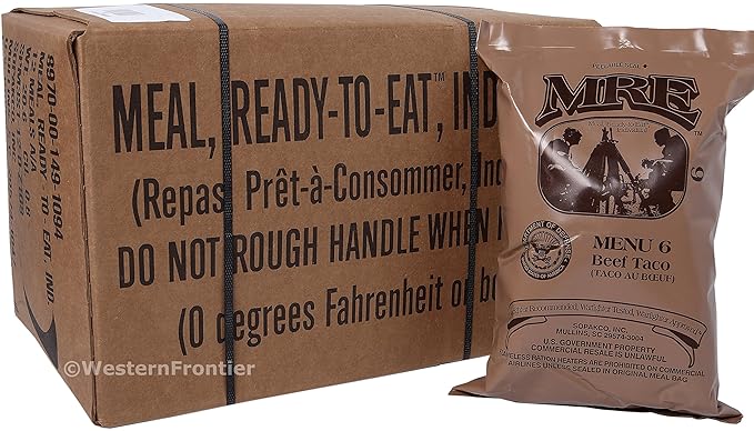 MRE A-Menu Case, 2018 Inspection Date Military Meal-Ready-to-Eat. Case of 12 Genuine US Military Surplus MREs with A Case Menu Selections.
