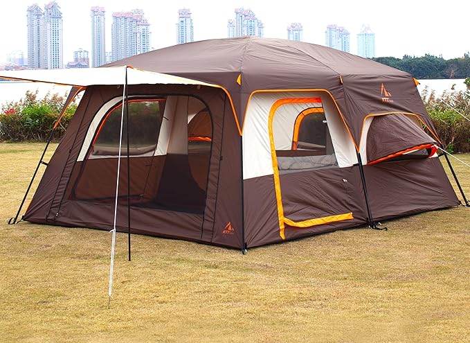 KTT Extra Large Tent 10-12-14 Person(A),Family Cabin Tents,2 Rooms,3 Doors and 3 Windows with Mesh,Straight Wall,Waterproof,Double Layer,Big Tent for Outdoor,Picnic,Camping,Family Gathering
