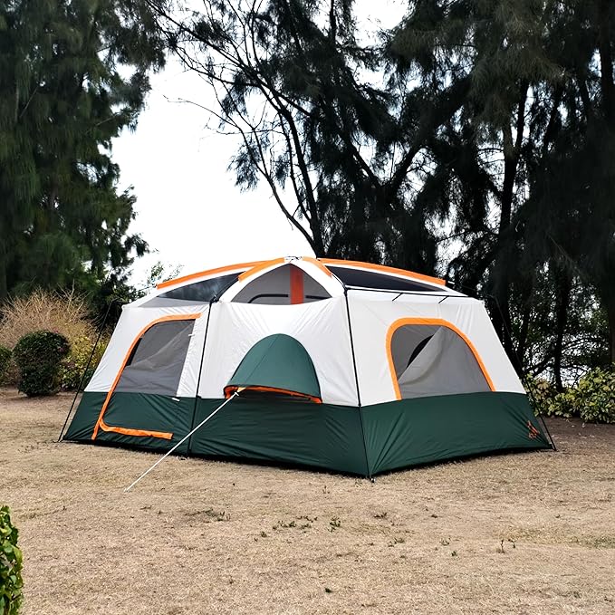 KTT Extra Large Tent 10-12-14 Person(A),Family Cabin Tents,2 Rooms,3 Doors and 3 Windows with Mesh,Straight Wall,Waterproof,Double Layer,Big Tent for Outdoor,Picnic,Camping,Family Gathering