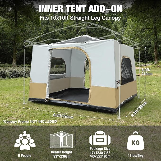 REDCAMP Canopy Camping Tent for Pop Up Canopy Tent, Inner Tent Converts Straight Leg 10'x10' or 10'x20' Canopy into Camping Tent, Fits 4-6 Person(Frame/Shelter NOT Included)