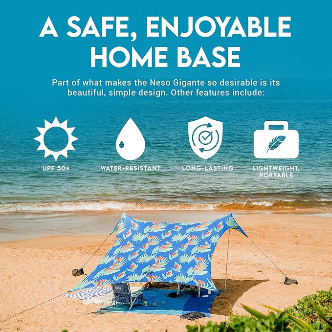 Neso Gigante Portable Beach Tent Sun Shelter - Lightweight Beach Shade Canopy - Easy Setup for Family Outings - Patented Reinforced Corners - UPF 50+ - 8ft Tall, 11 x 11ft - Tropical Floral