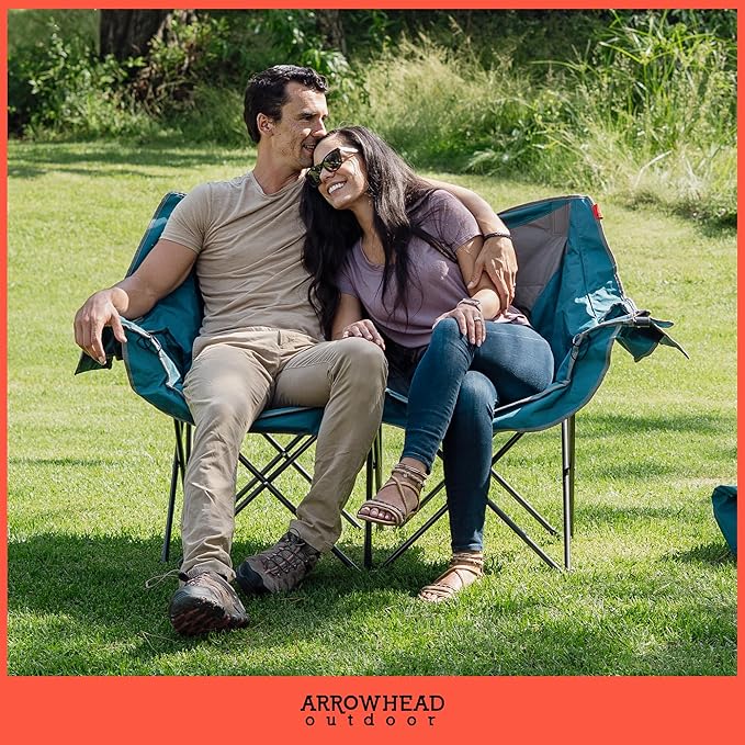 ARROWHEAD OUTDOOR 57" Wide Duo Foldable Heated Camping Loveseat Chair with 3-Stage Heating, Large Cup Holders, Glass Holders, Side Pockets, and Storage Pouches