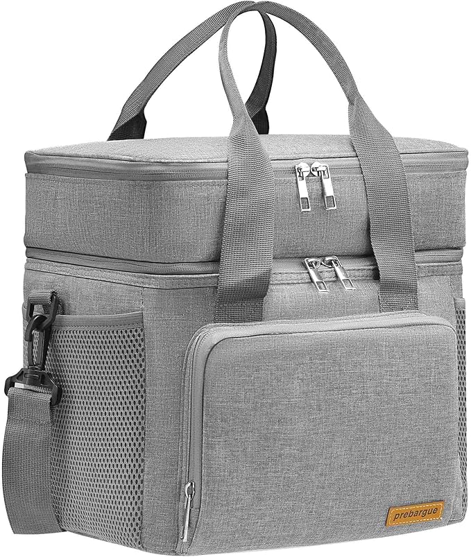 Lunch Bag-Double Deck Insulated Lunch Box for Men Women, Soft Leakproof Thickened Cooler Bag for Work, Picnic, Outdoor, Camping, Travel (Gray，15L)