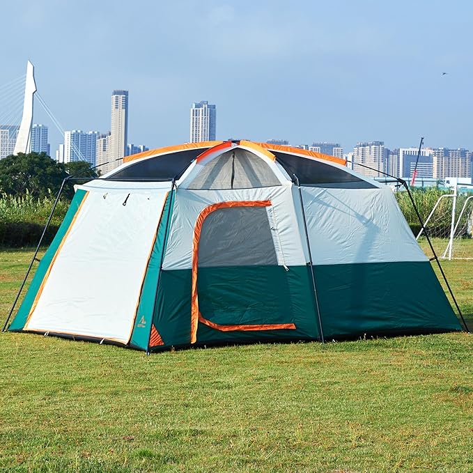 KTT Large Tent 6-8-10 Person,Family Cabin Tents,2 Rooms,2 Doors and 4 Windows with Mesh,Straight Wall,Waterproof,Double Layer,Big Tents for Outdoor,Picnic,Camping,Family Gathering