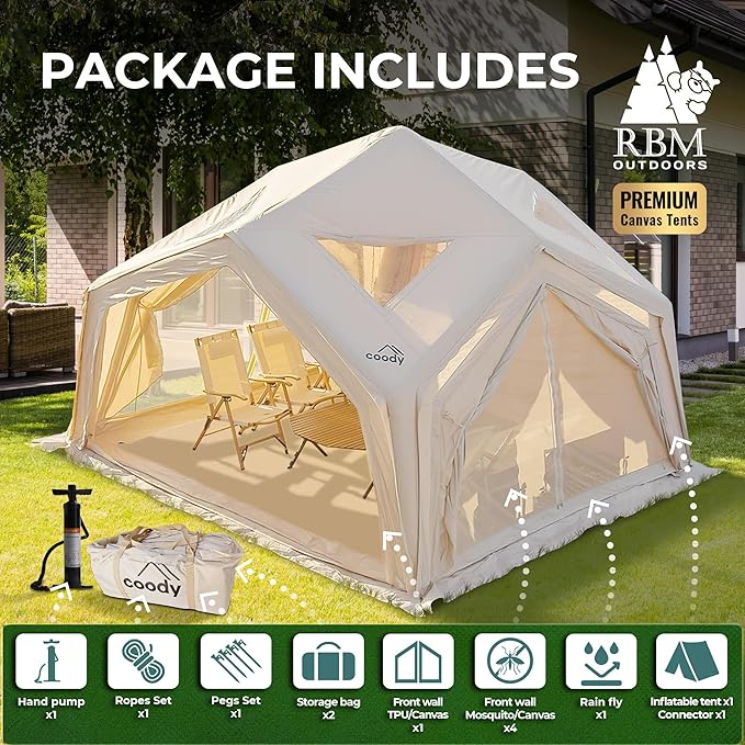 Coody Inflatable Canvas Camping Tents with Stove Jack – Premium Air Beam Family Glamping Tent, Breathable Cotton Canvas, Fast Setup Air Tent with Pump
