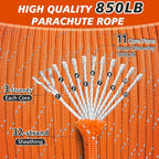 Reflective Paracord Rope 850Ib, 50/100/200/500/1000ft 4MM 11 Strand Strong Heavy-Duty Parachute Spool Cord, para Cord Lanyard for Hammock, Camping, Hiking and Survival, Orange 500FT