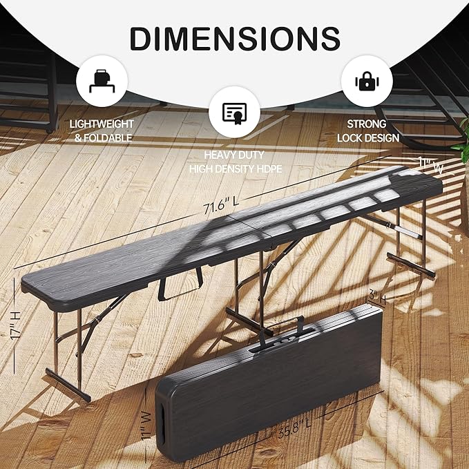 6 Foot Folding Bench, Portable Plastic Folding Bench Seat, Foldable Seat for Indoor Outdoor Picnic Camping Dining, Soccer Garden Multipurpose Entertaining Activities, White (Black, 1 Pack)