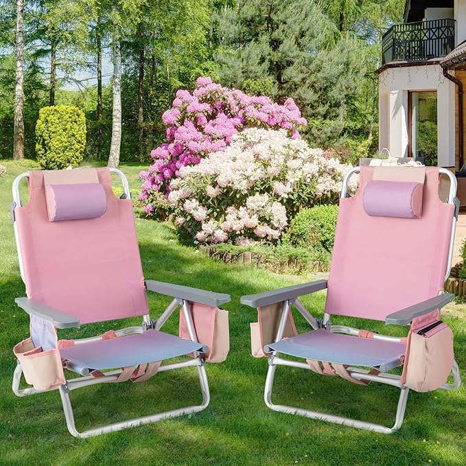 Giantex Folding Beach Chair, Patio Sling Chairs with 5 Adjustable Position, Head Pillow, Storage Bag, Towel Bar, Cup Holders, Backpack Chairs for Sunbathing, Camping Chair
