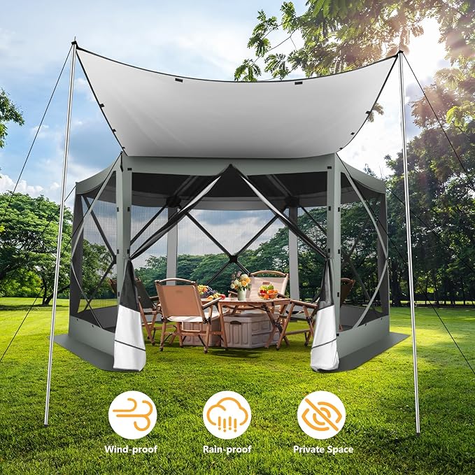 COBIZI 12x12FT Pop Up Gazebo Screen Tent Screen House for Camping, Camping Outdoor Screened Gazebo with Sidewalls, Portable Hub Tent Instant Screened Canopy with Carrying Bag and Ground Stakes, Gray