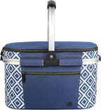 ALLCAMP Picnic Basket - Insulated Cooler, Thickening Foldable Picnic Basket with Removable Baskets & Sewn-in Frame, Basket for House Warming Gifts New Home(Rectangle Blue White)