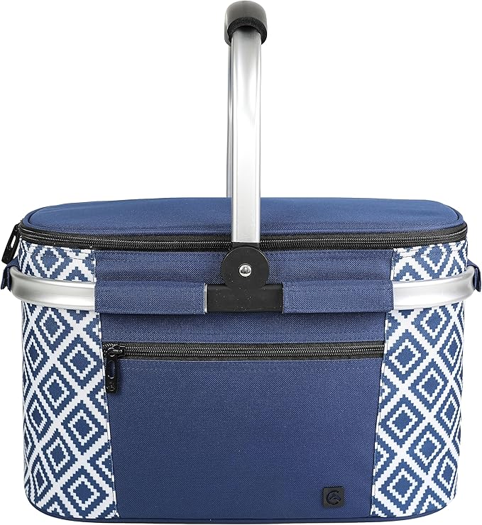 ALLCAMP Picnic Basket - Insulated Cooler, Thickening Foldable Picnic Basket with Removable Baskets & Sewn-in Frame, Basket for House Warming Gifts New Home(Rectangle Blue White)