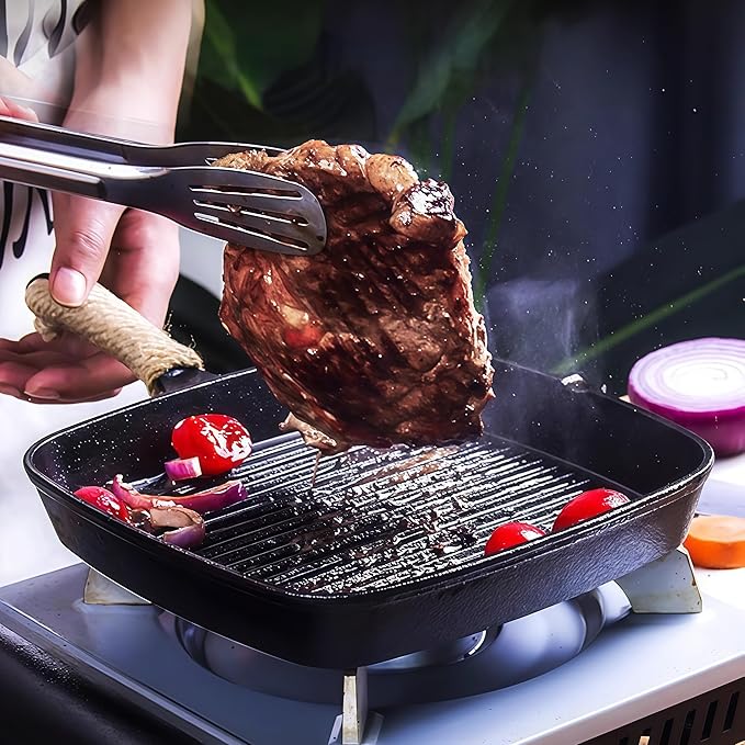 Cast Iron Grill Pan, 9.5 inch Square Grill Pan Skillet with Pour Spout, Cast Iron Griddle Pan with Small Meat Tong, Oil Brush & Hemp Rope for Stove Tops, Gas, Induction, Grill, Campfire, Oven Safe