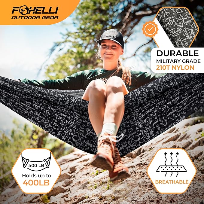 Foxelli Camping Hammock – Ultralight Hammock for Backpacking, Hiking, Festivals, Travel - Easy Setup with Tree-Friendly Ropes & Steel Carabiners, Heavy Duty Parachute Nylon