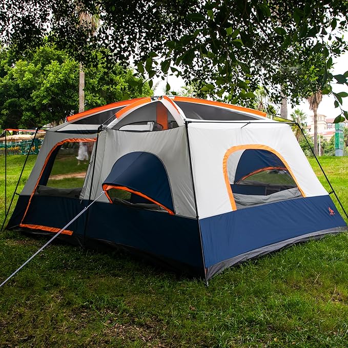 KTT Extra Large Tent 10-12-14 Person(A),Family Cabin Tents,2 Rooms,3 Doors and 3 Windows with Mesh,Straight Wall,Waterproof,Double Layer,Big Tent for Outdoor,Picnic,Camping,Family Gathering