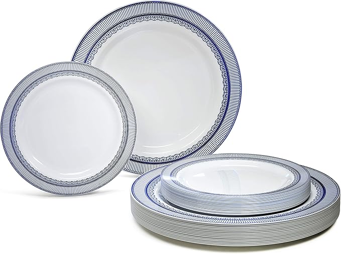 OCCASIONS 240 Plates Pack,(120 Guests) Heavyweight Premium Wedding Party Disposable Plastic Plates Set -120 x 10.5'' Dinner + 120 x 7.5'' Salad/Dessert (Louvre in Metallic Blue)