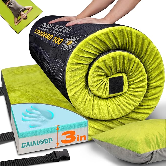 3 Inch Memory Foam Camping Mattress, Dual Layer Thick Sleeping Camp Pad for Car Tent Cot, Roll-Up Portable Glamping Floor Bed for Guests Sleepover