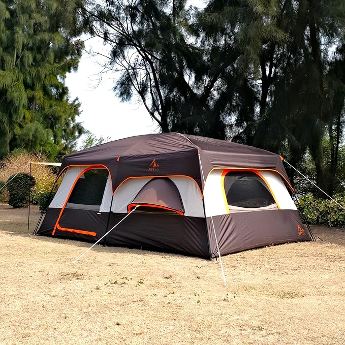KTT Extra Large Tent 10-12-14 Person(A),Family Cabin Tents,2 Rooms,3 Doors and 3 Windows with Mesh,Straight Wall,Waterproof,Double Layer,Big Tent for Outdoor,Picnic,Camping,Family Gathering