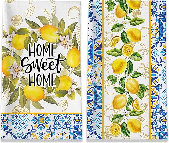 Lemon Kitchen Towels, Lemon Mediterranean Dish Towels Set of 2, Farmhouse Home Sweet Home Kitchen Decor, Summer Yellow Decorative Hand Tea Towels for Housewarming (18x26 Inches)