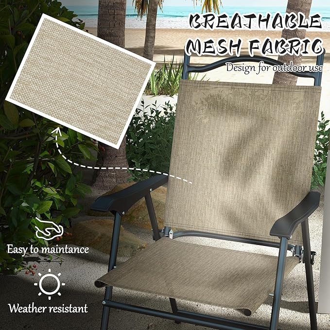 Outsunny Folding Patio Chairs, Set of 4 Sports Chairs for Adults, Camping Chairs with Armrests, Breathable Mesh Fabric Seat for Lawn, Beige