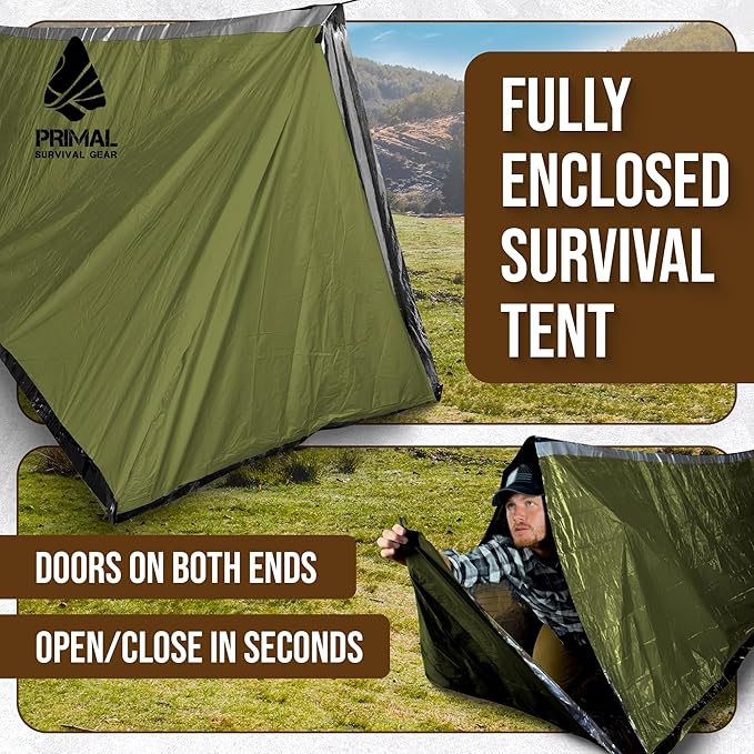 Orange Polyester Survival Tent with Doors - Compact, Durable, All-Season Shelter for Camping, Hiking, and Emergency Preparedness