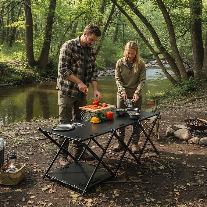 Portable Camping Table & Shelf, 2-in-1Folding Carbon Steel Picnic Rack 37" 4-Tier Storage Cook Station with 4 Hooks,Perfect for Party, Dining, Camping, BBQ, Indoor, Outdoor