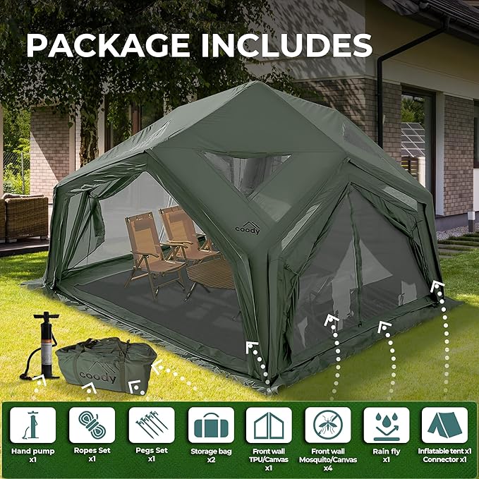 Coody Inflatable Canvas Camping Tents with Stove Jack – Premium Air Beam Family Glamping Tent, Breathable Cotton Canvas, Fast Setup Air Tent with Pump