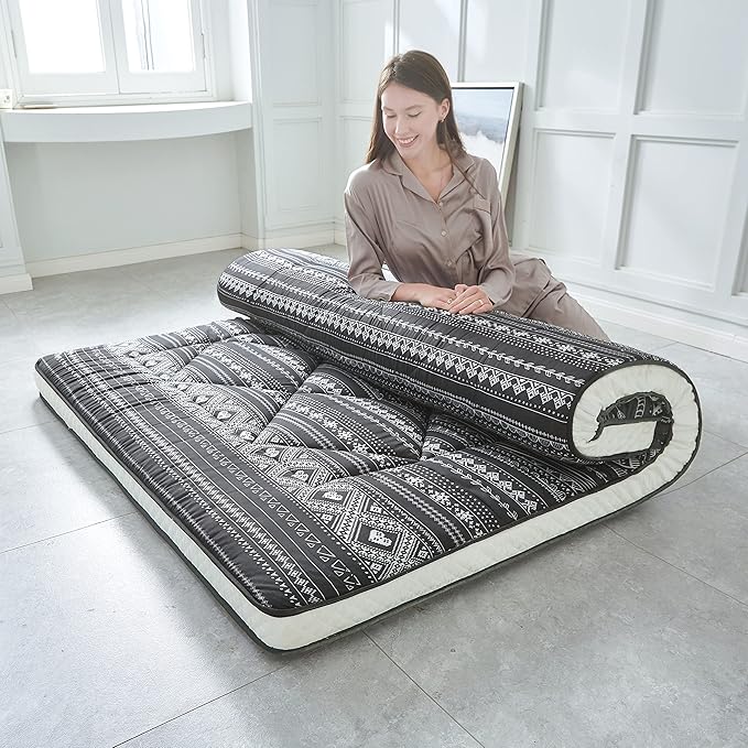 Japanese Floor Futon Mattress - Thicken Sleeping Foldable & Portable Roll up Camping Mattress, Bohemia Black Twin