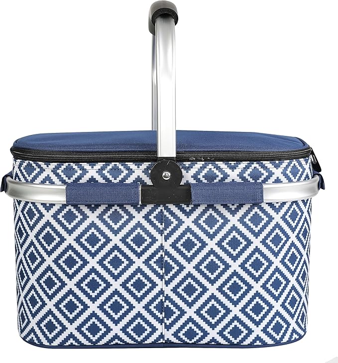 ALLCAMP Picnic Basket - Insulated Cooler, Thickening Foldable Picnic Basket with Removable Baskets & Sewn-in Frame, Basket for House Warming Gifts New Home(Rectangle Blue White)