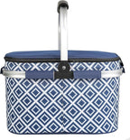 ALLCAMP Picnic Basket - Insulated Cooler, Thickening Foldable Picnic Basket with Removable Baskets & Sewn-in Frame, Basket for House Warming Gifts New Home(Rectangle Blue White)