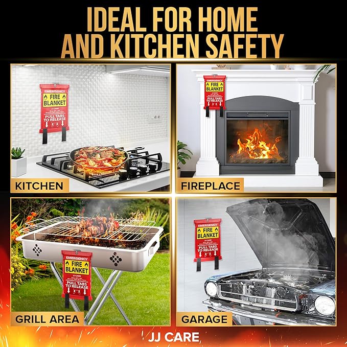 JJ CARE Fire Blanket – 5 Packs with Hooks and Gloves – 40" x 40" Emergency Fire Blanket for Home & Kitchen, High Heat Resistant Fire Suppression Blankets for Home Safety, Kitchen, and Camping