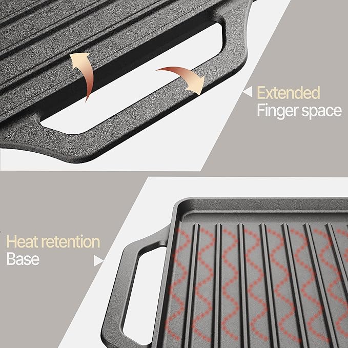 Bakken 18” Reversible Cast Iron Griddle, Flat & Grill Side, Dual Burner Cooking Plate for Pancakes, Meats & Veggies, Pre-Seasoned, Nonstick, Oven & Campfire Safe, Heavy-Duty Griddle Top with Mitt