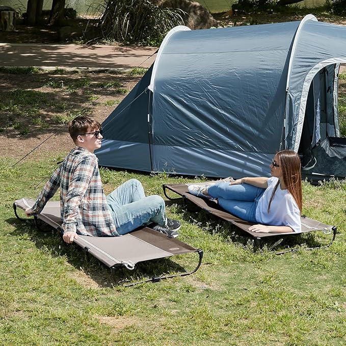 TIMBER RIDGE 20-Second Quick Set-Up Camping Cot, Lightweight Aluminum Folding Cot with Zipper Closure, Portable Carry Bag Included for Camping, Travel and Outdoors, Support up to 225lbs, Tan 2pcs