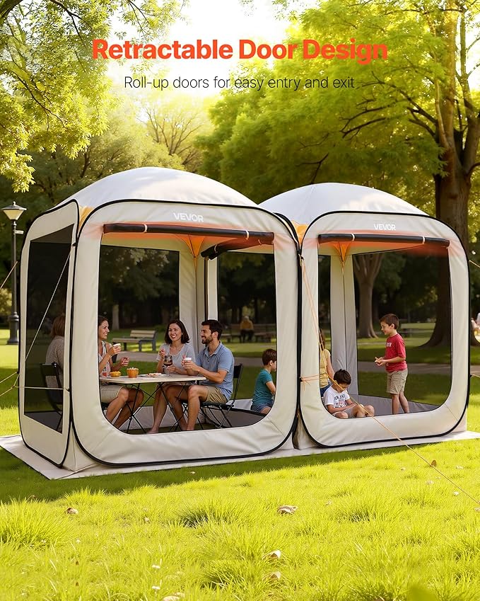 VEVOR 12x6ft 2-in-1 Pop-Up Screen House Tent, Dual Room Screen Gazebo, Portable Screened Canopy with Carry Bag, Netting Sides & Ground Stakes for Garden, Patio, Backyard & Outdoor Activities, Beige
