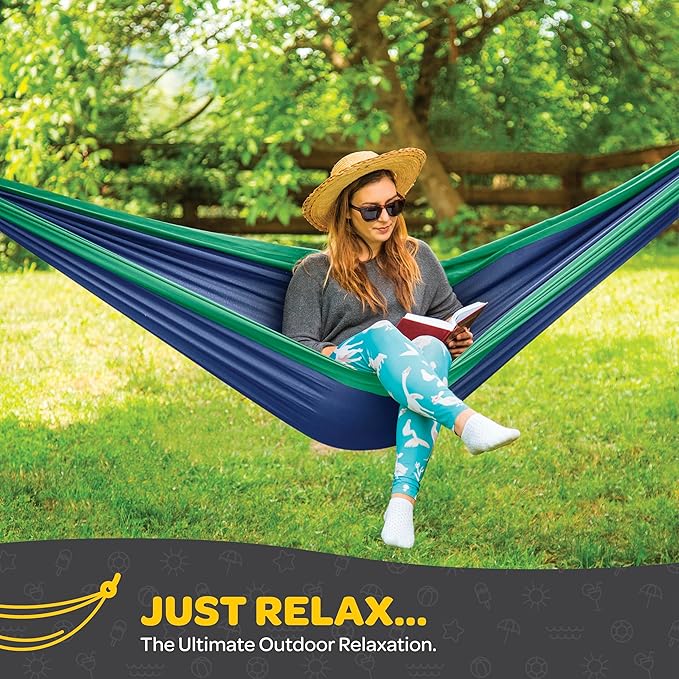 Durable Hammock 400 lb Capacity, Nylon Camping Hammock Chair - Double or Single Sizes w/Tree Straps and Attached Carry Bag - for Travel/Backpacking/Beach/Backyard (Medium, Light Grey & Sky Blue)