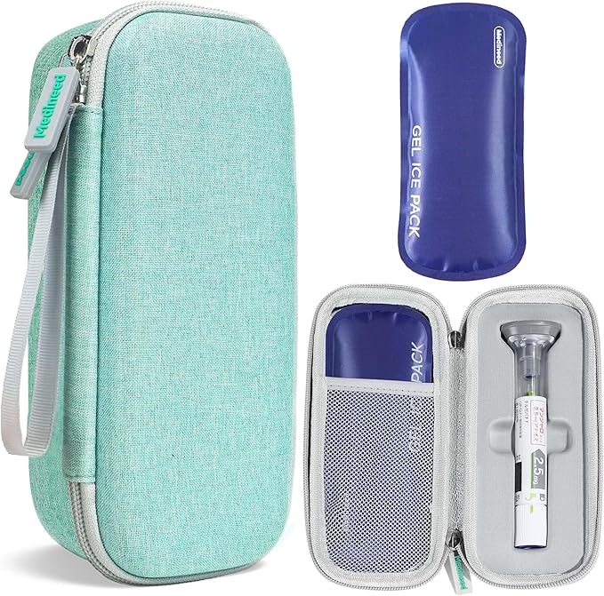Portable Insulated Cooler Travel Case Fits 2 Zepbound or Mounjaro Injector Pens, Tirzepatide Travel Case TSA Approved with 2PCS Reusable Ice Packs, EVA Medicine Organizer for Daily Use (Green,Small)